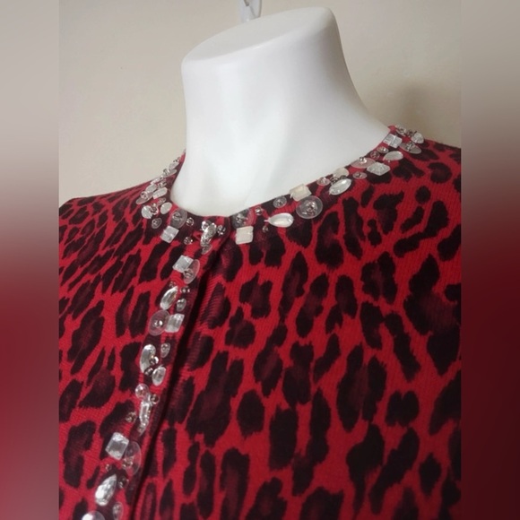 Quacker Factory Red Leopard Print Cardigan XXS Jeweled Trim - Picture 7 of 11